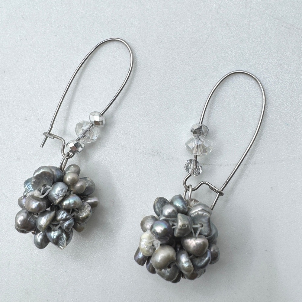 Grey Keshi Pearl Cluster Drop Earrings Silver Tone Crystal Accent Dangle